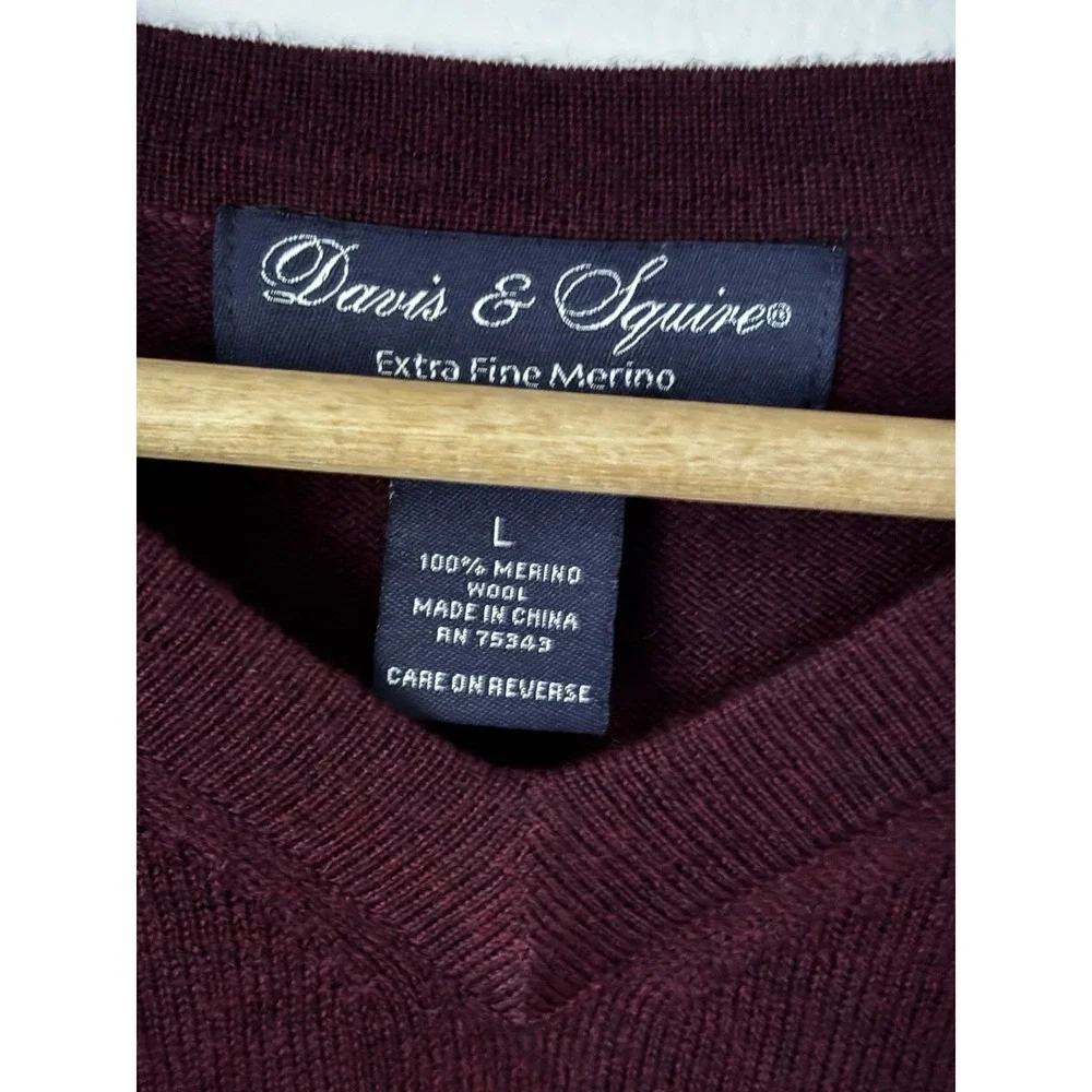 Davis‎ & Squire Extra Fine Merino Wool V-Neck Sweater Burgundy Large Preppy 0310